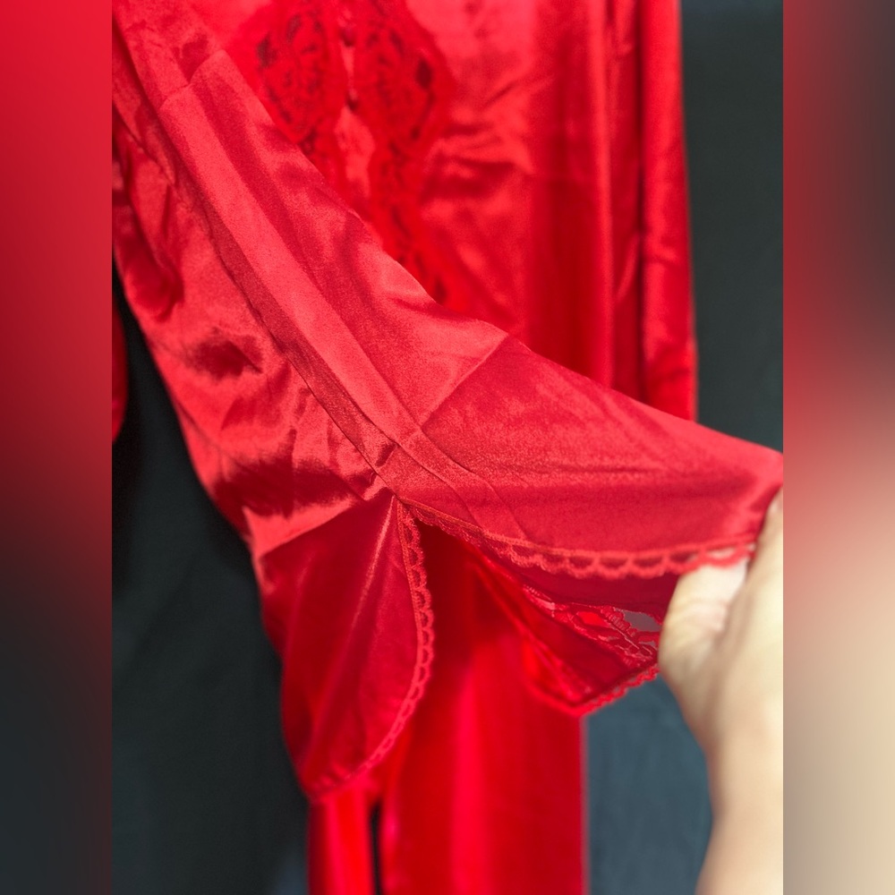 Val Mode Vintage Red Satin and Lace Pajama Lingerie Set | Size Medium - Picture 5 of 6